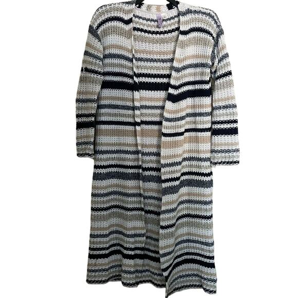 Alya White & Tan Striped Open Knit Duster Cardigan - Size Small - Open Sweater - Picture 1 of 5